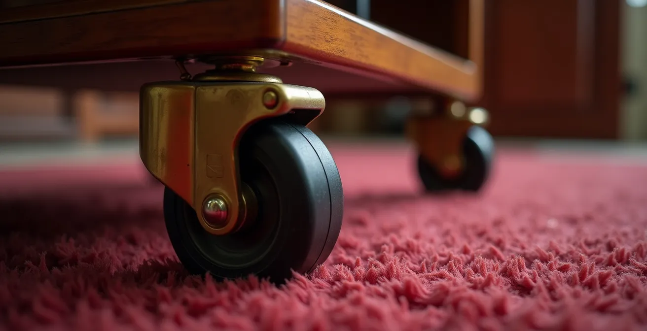 Gros plan sur les roues en gomme d'un guéridon de service professionnel sur moquette épaisse