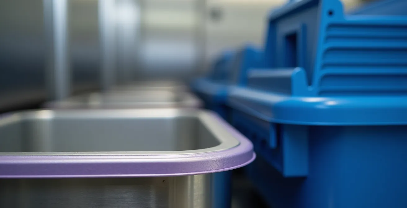 Gros plan macro sur un sas de décartonnage avec des bacs de transfert colorés et un système de double porte en acier inoxydable