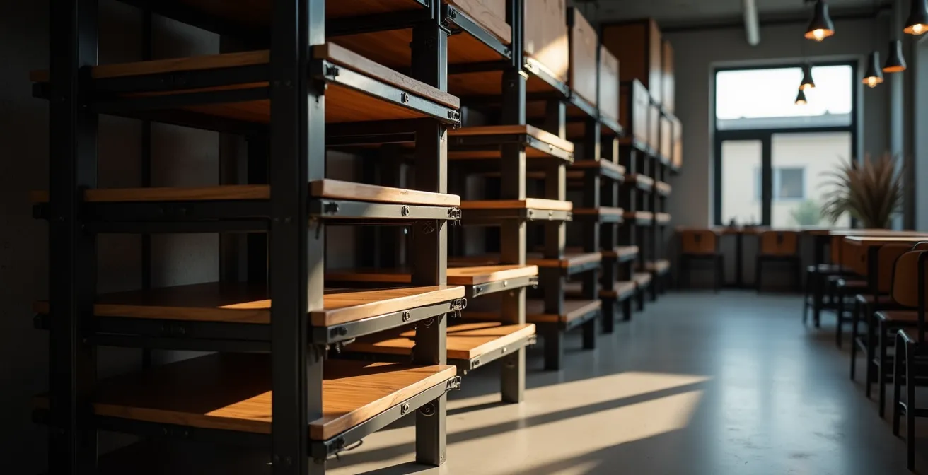 Système de rangement vertical optimisé pour tables basculantes dans une réserve