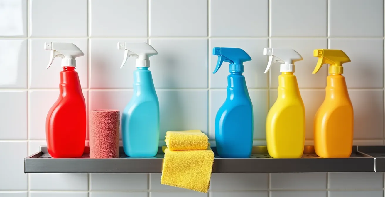 Vue d'ensemble d'un système de rangement professionnel avec pulvérisateurs et chiffons organisés par code couleur