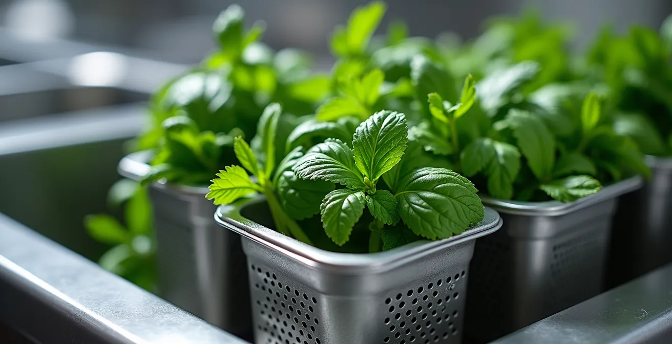 Gros plan macro sur un système de double bac gastronorme perforé contenant des herbes fraîches avec gouttelettes d'eau, montrant la texture des feuilles de basilic et persil