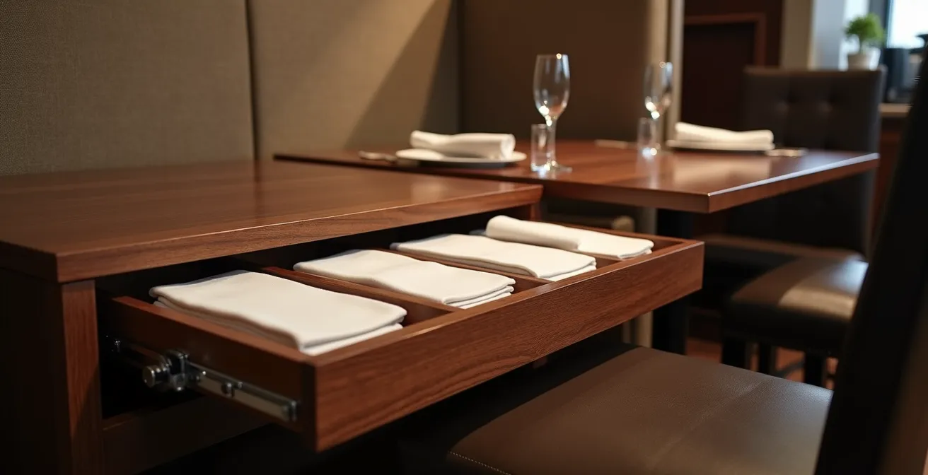 Coupe transversale d'une banquette avec système de rangement latéral dissimulé pour linge de table