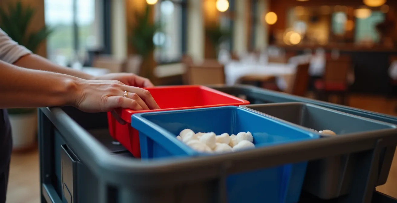 Système de tri avec bacs colorés sur chariot de débarrassage professionnel