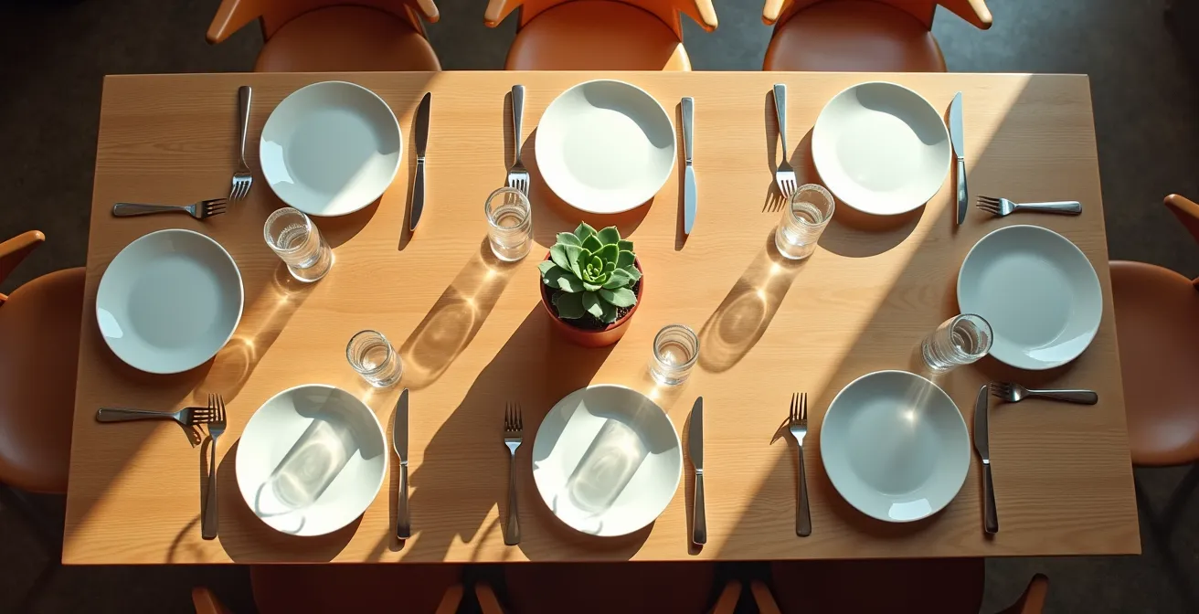 Vue aérienne d'une table de restaurant avec disposition épurée montrant l'espace optimal entre les éléments