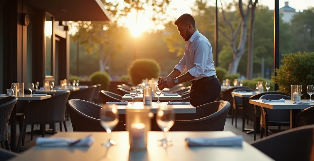 Terrasse de restaurant en pleine transformation avec tables basculantes et mobilier modulable