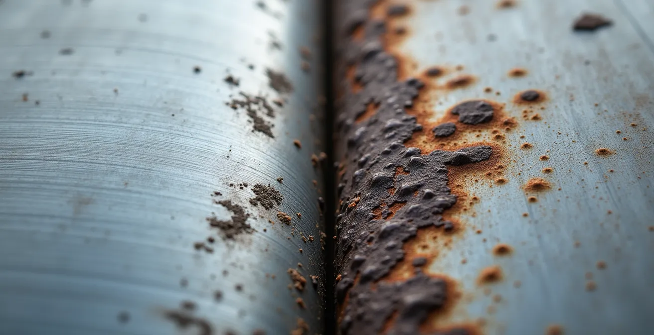 Vue macro d'une surface inox avec trace de corrosion par acide citrique