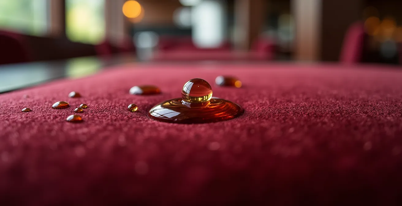 Gros plan sur un échantillon de tissu velours professionnel avec gouttes d'eau perlant à la surface