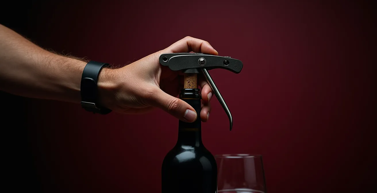 Gros plan sur les mains d'un sommelier utilisant un tire-bouchon à double levier professionnel