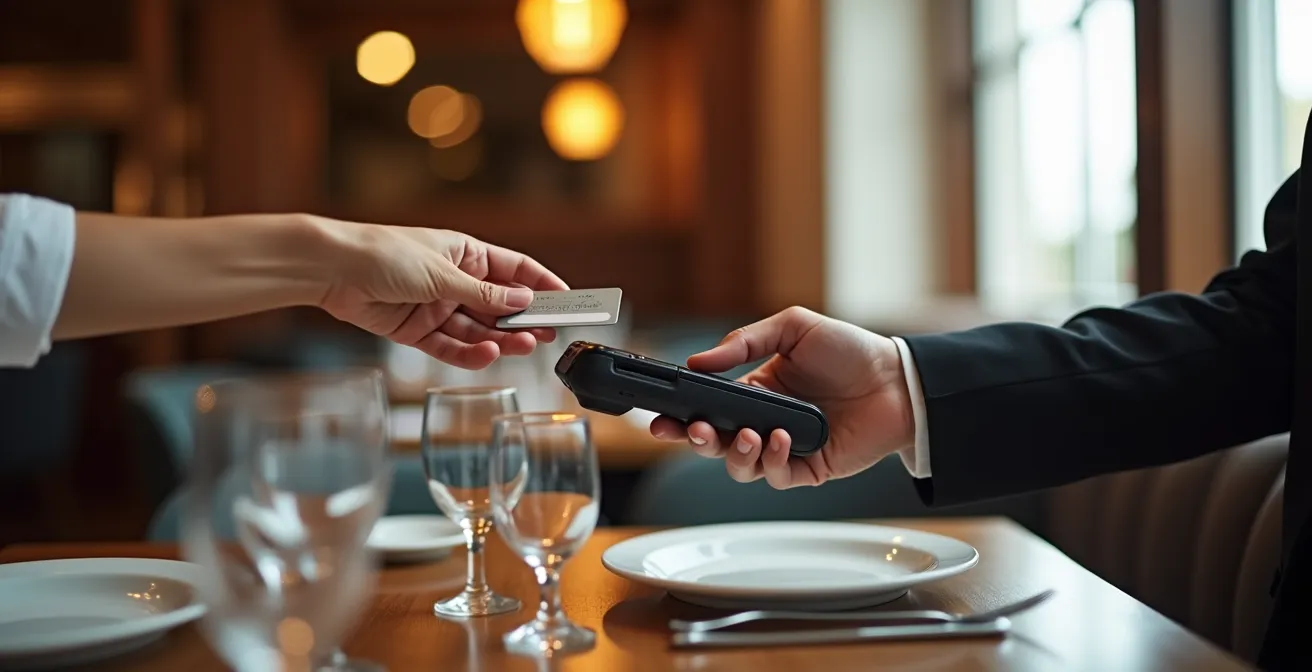 Serveur effectuant un encaissement à table avec un terminal de paiement mobile dans un cadre élégant