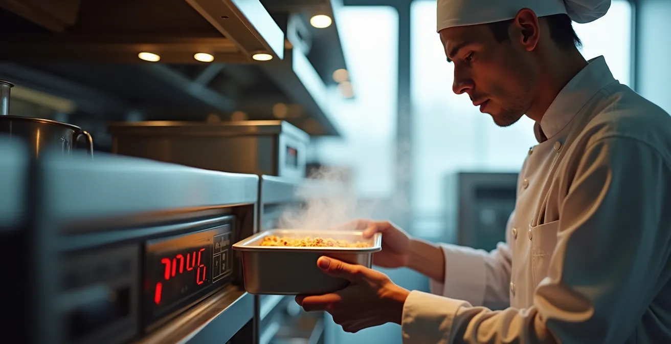 Chef professionnel transférant un plat du four vers l'armoire de maintien avec thermomètre visible