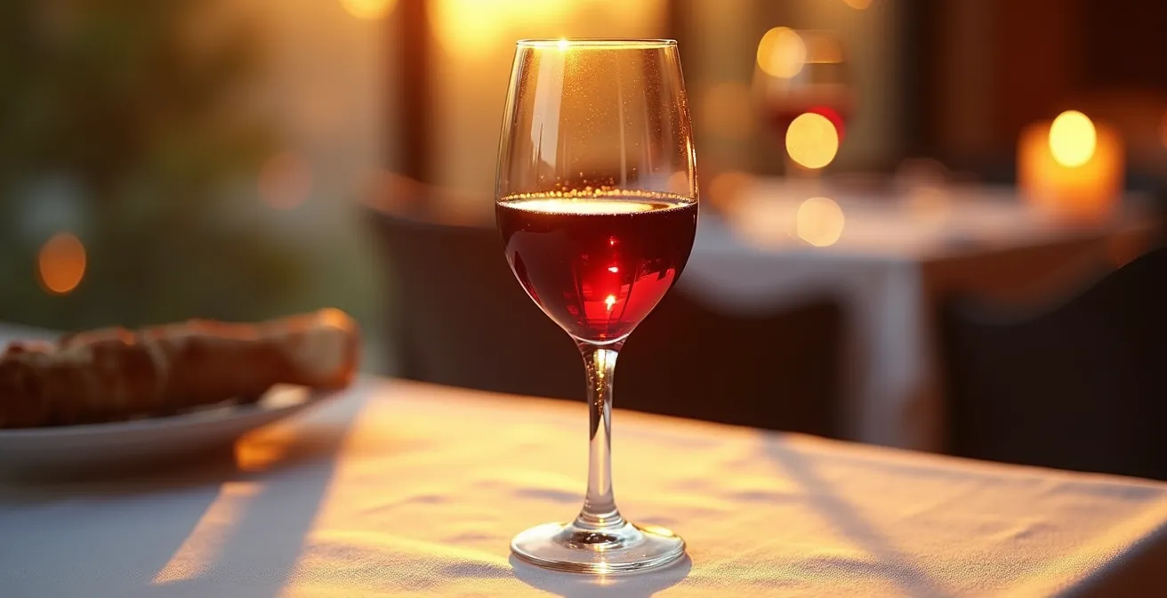 Verre en cristal soufflé main capturant la lumière dorée sur une table dressée