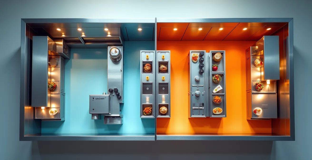 Vue aérienne de modules de cuisine repositionnables montrant deux configurations différentes