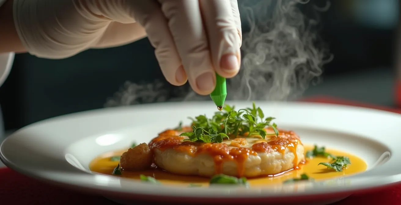 Chef plantant un marqueur de validation coloré sur une assiette sans allergène dans une zone dédiée du passe
