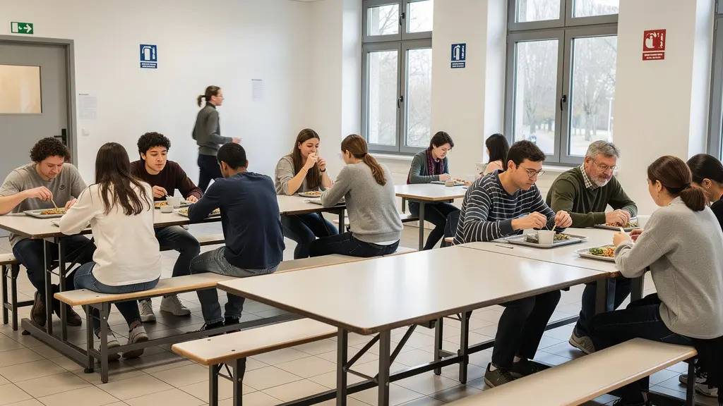 Salle de restauration collective avec mobilier professionnel adapté aux contraintes d'entretien