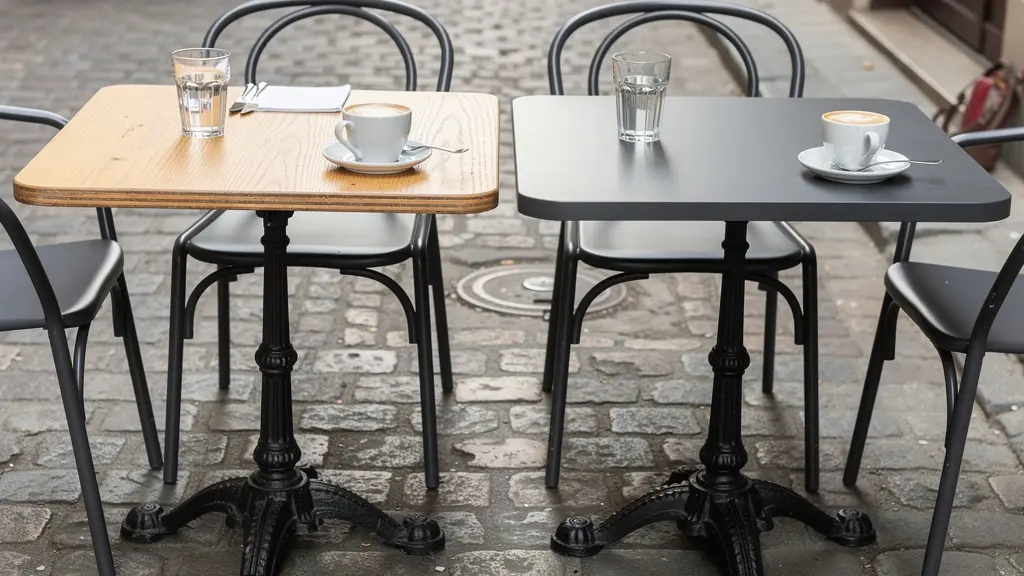 Deux tables bistrot côte à côte comparant plateau bois et plateau compact HPL
