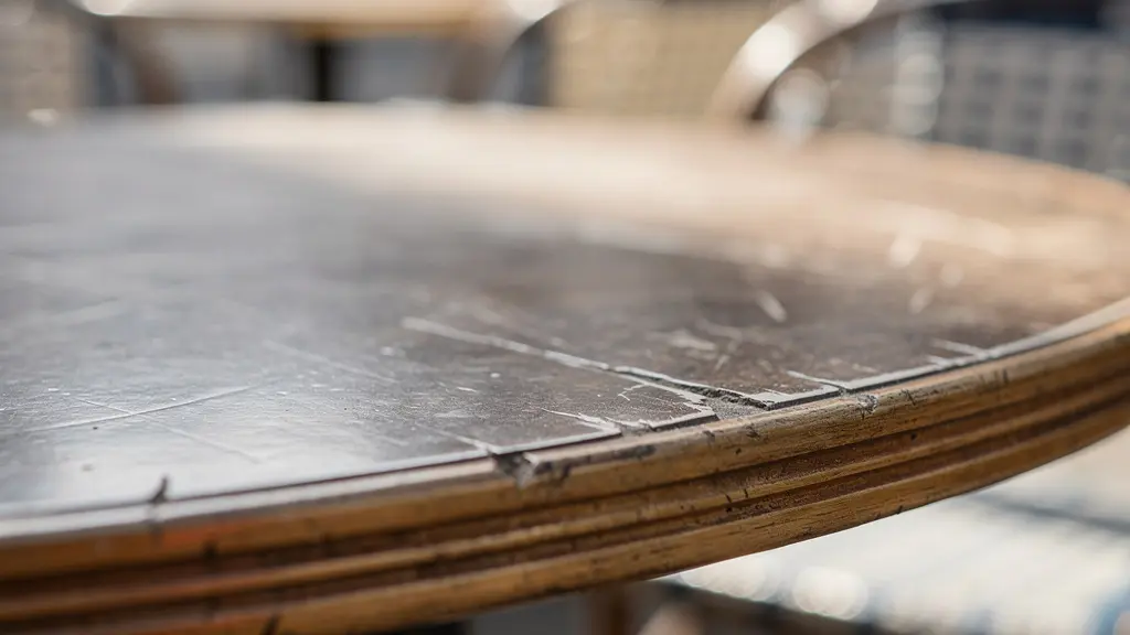 Détail de plateau de table bistrot montrant des marques d'usure naturelles
