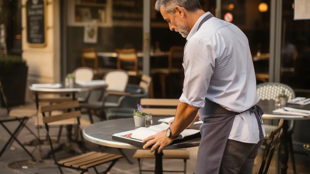 Restaurateur professionnel inspectant la surface d'une table bistrot sur sa terrasse