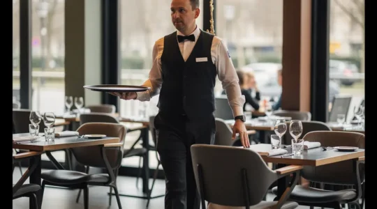 Serveur traversant une salle de restaurant avec espacement optimal entre les tables professionnelles