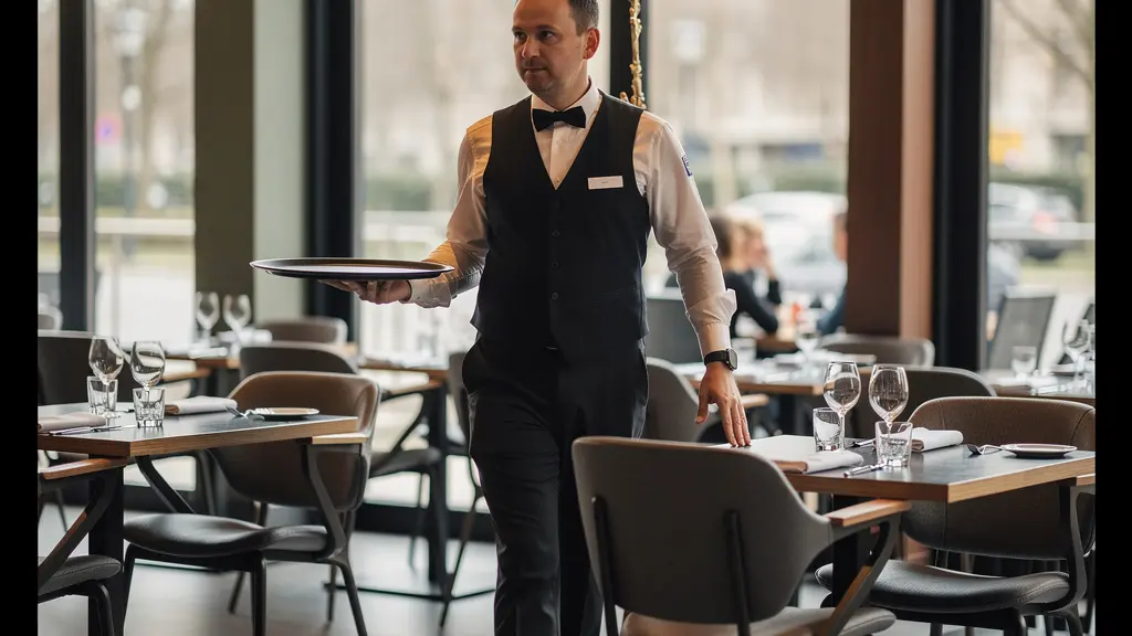 Serveur traversant une salle de restaurant avec espacement optimal entre les tables professionnelles
