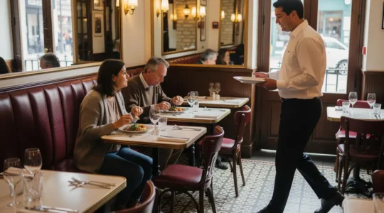 Banquettes murales bordeaux dans petit restaurant parisien avec clients attablés au déjeuner