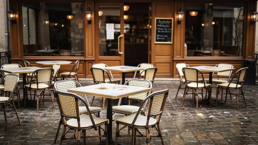 Mobilier de terrasse professionnel montrant une usure légère après plusieurs saisons