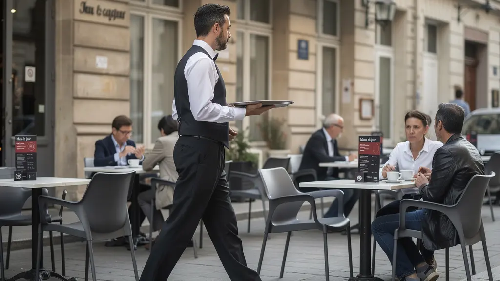 Terrasse de café avec chaises professionnelles empilables pendant le service