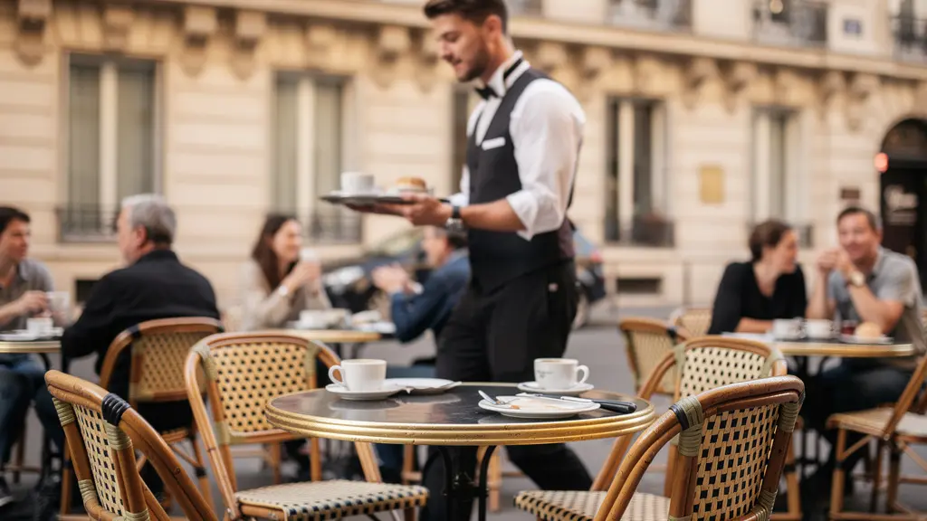 Terrasse de café parisien avec tables bistrot variées en service matinal