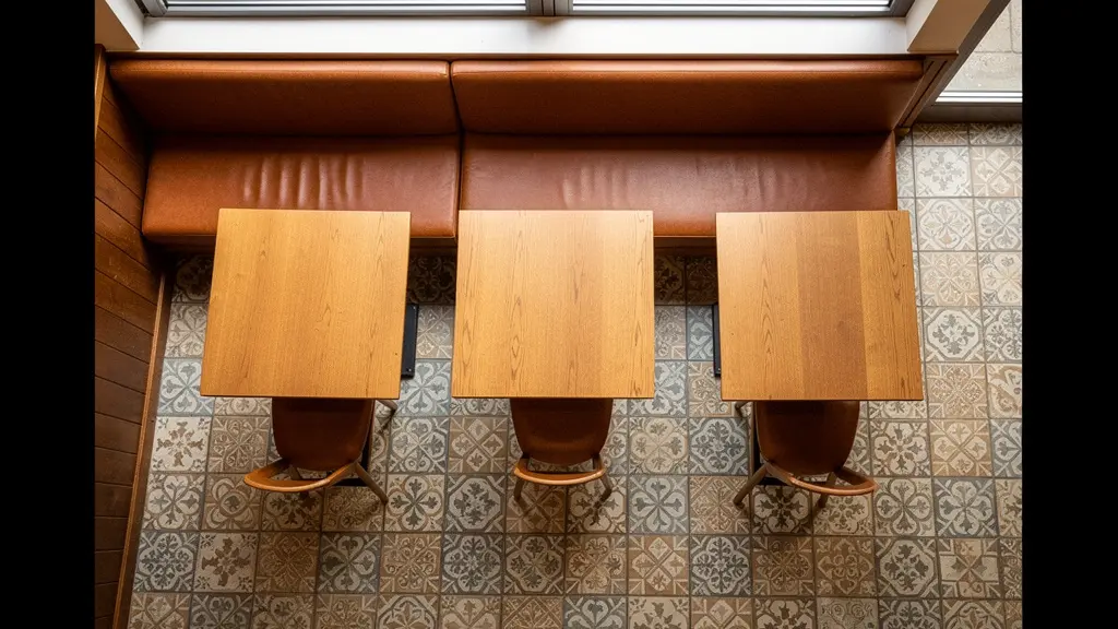 Vue plongeante d'une salle de restaurant avec banquette en L et tables alignées