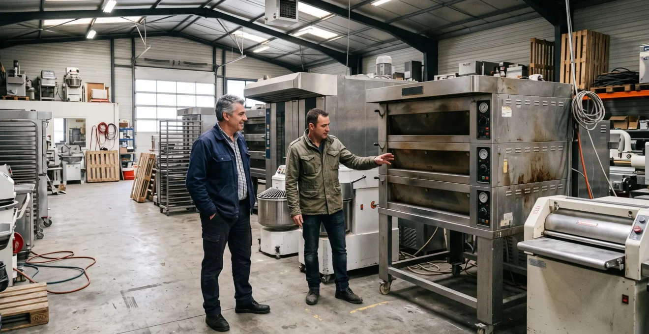 Two professionals discussing professional bakery equipment in a specialized showroom with multiple used ovens visible