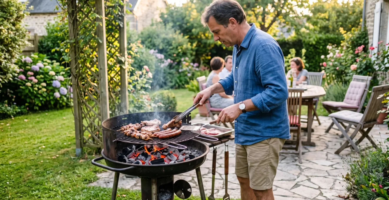 Personne cuisinant des aliments sur un barbecue traditionnel au charbon avec braises incandescentes dans un jardin résidentiel