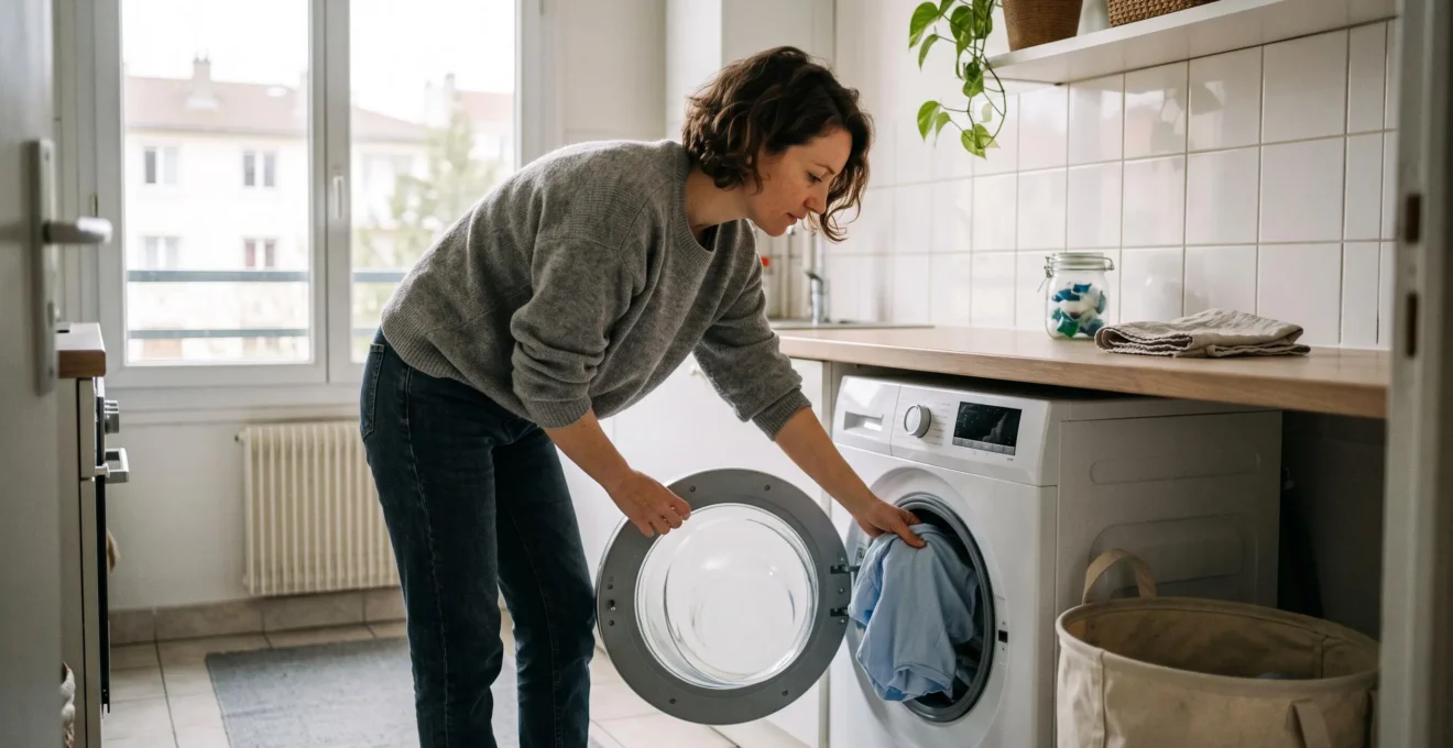 Personne chargeant du linge dans un lave-linge moderne à chargement frontal dans une buanderie domestique française