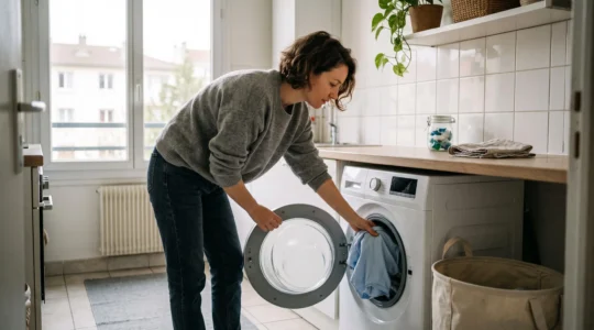 Personne chargeant du linge dans un lave-linge moderne à chargement frontal dans une buanderie domestique française