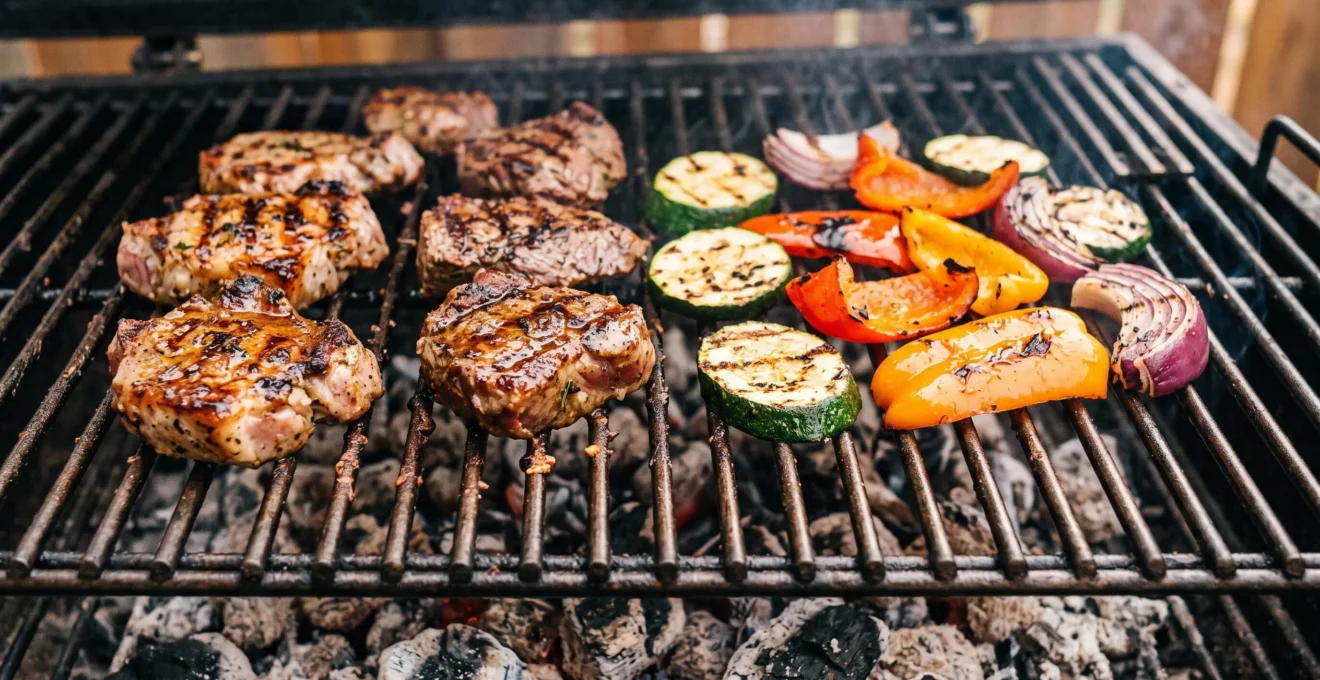 Gros plan de légumes et viande cuisant sur une grille de barbecue avec brunissement visible et marques de grillage
