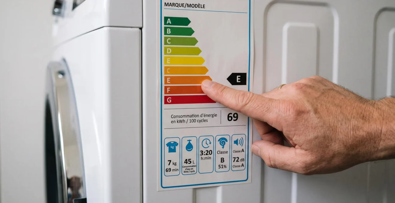 Gros plan d'une étiquette énergie UE 2021 sur une porte de lave-linge avec une main pointant la classe énergétique