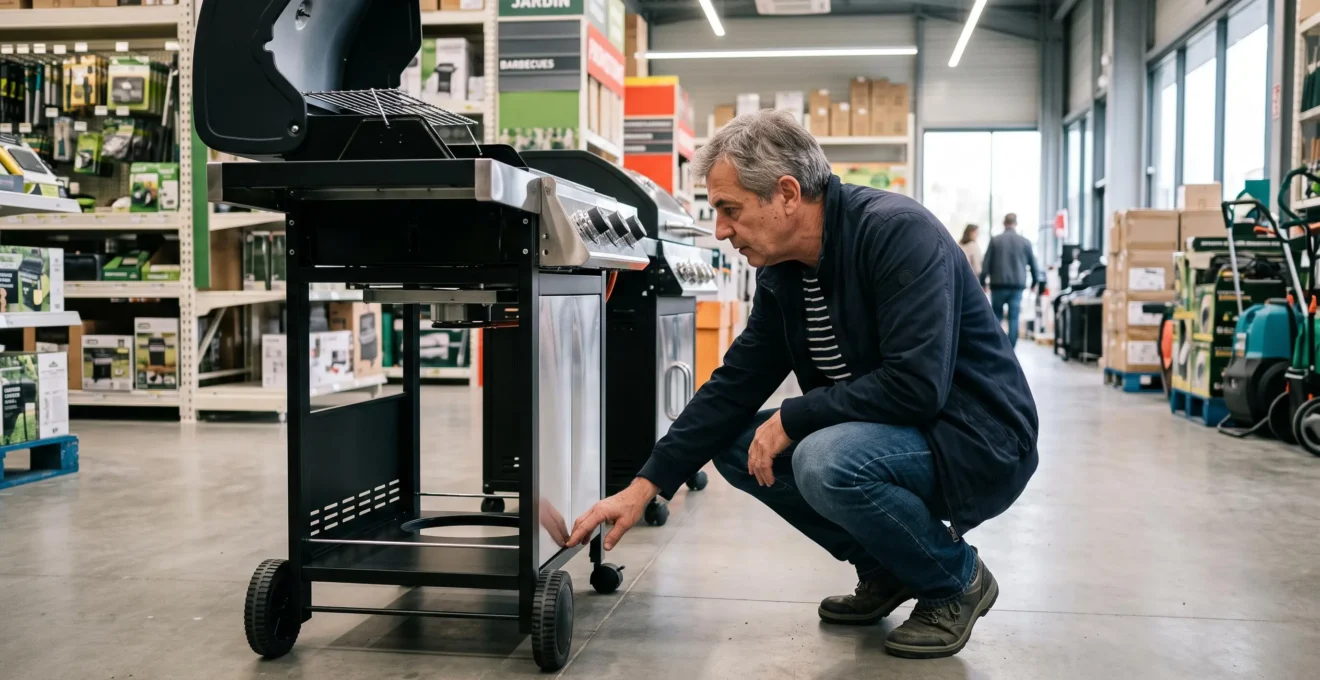Client inspectant un modèle de barbecue exposé dans un magasin de bricolage