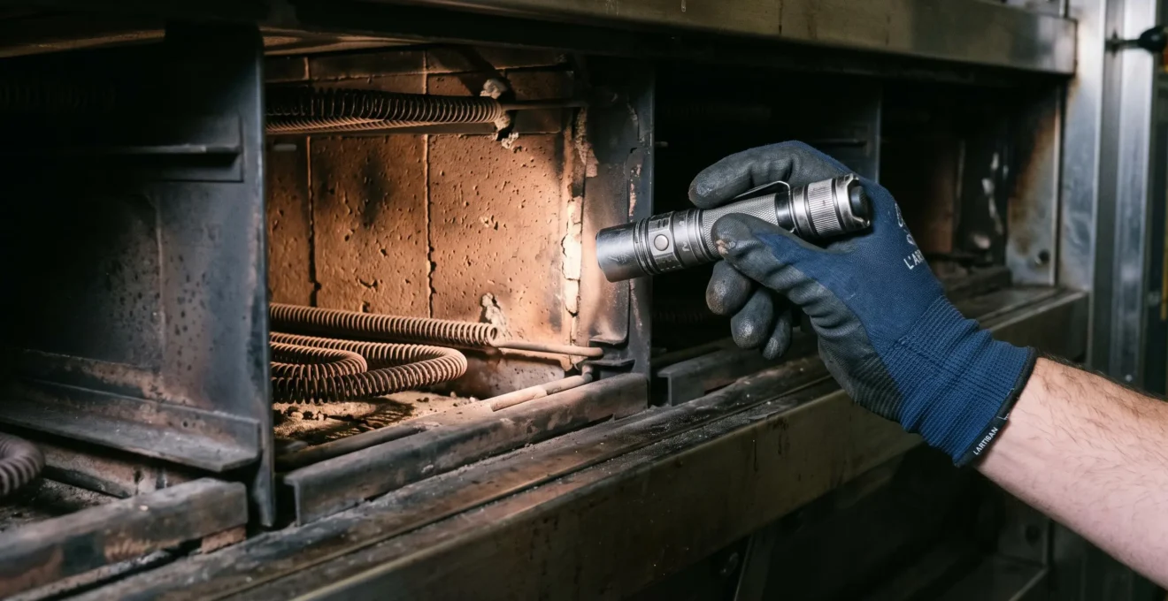 Close-up of a hand with flashlight inspecting the interior heating elements of a professional bakery oven