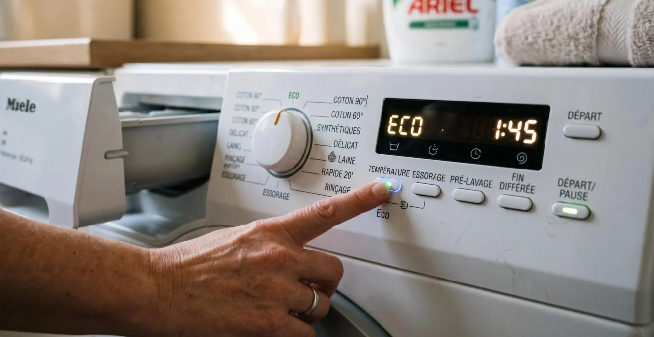 Gros plan d'une main sélectionnant le programme éco sur le panneau de commande d'un lave-linge