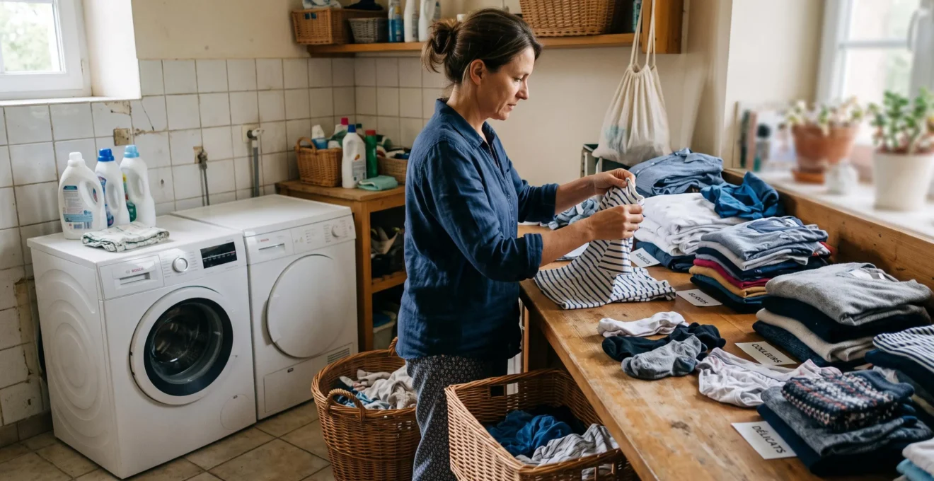 Personne triant et organisant le linge par couleur et type de textile sur un plan de travail dans une buanderie