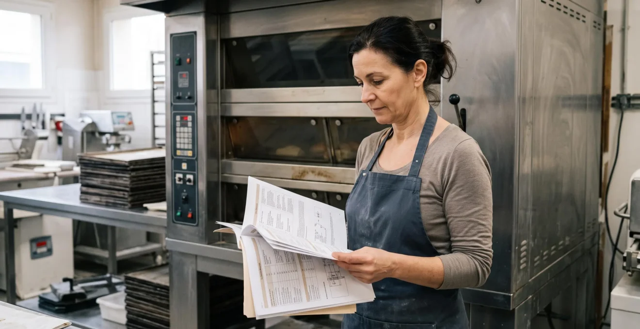 Professional baker reviewing technical documentation while standing next to a used professional bakery oven