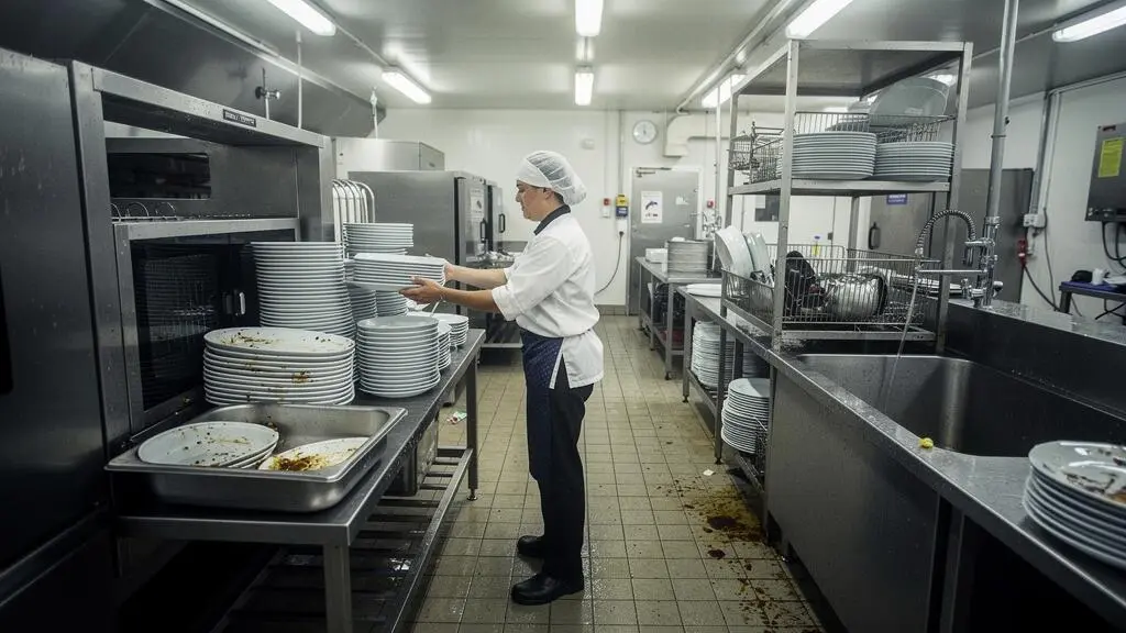 Agent de restauration organisant les flux de vaisselle dans la zone de plonge d'une cuisine collective