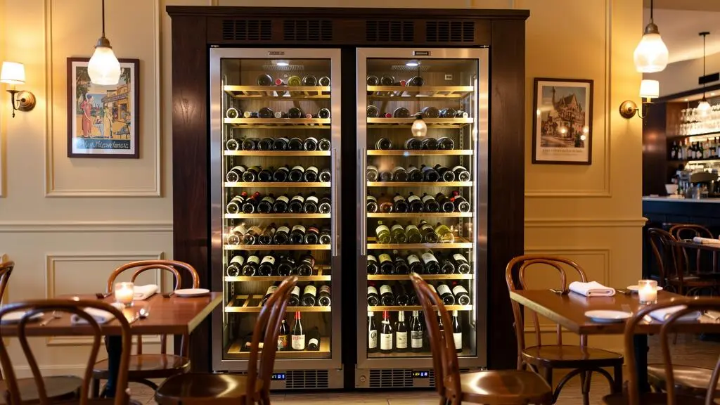 Professional wine storage cabinets integrated into dining room wall of a French bistro showing space planning and capacity