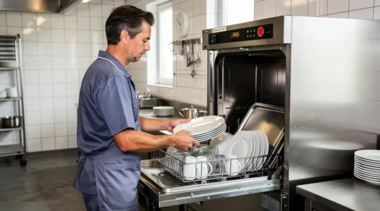 Agent de restauration collective déchargeant de la vaisselle réutilisable propre d'un lave-vaisselle industriel professionnel