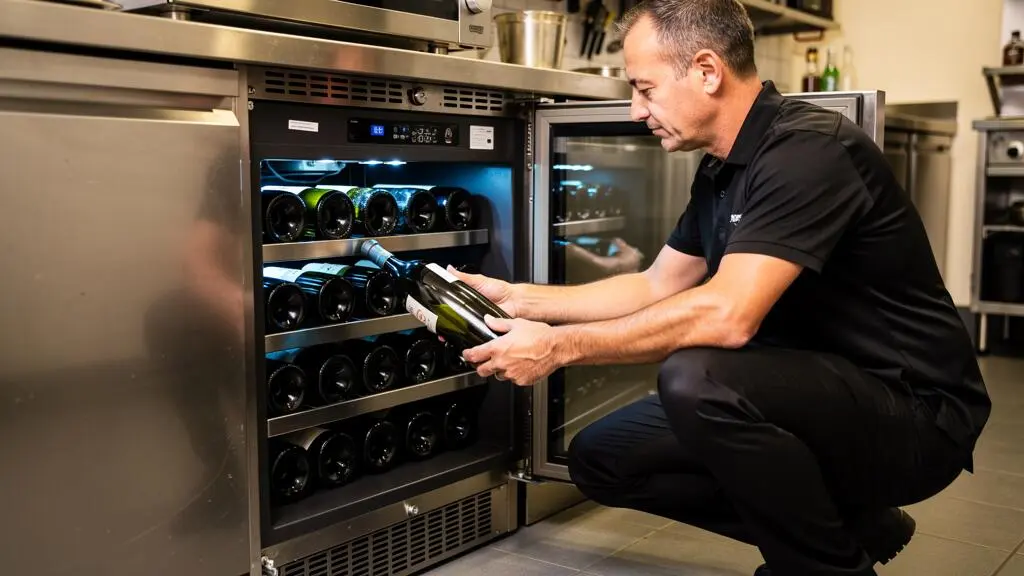 Restaurant manager selecting a wine bottle from a professional under-counter wine refrigeration cabinet during daily service preparation