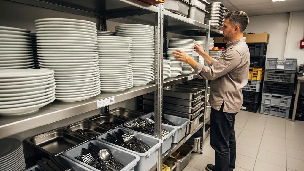 Stock organisé de vaisselle réutilisable professionnelle sur étagères dans une cuisine de restauration collective