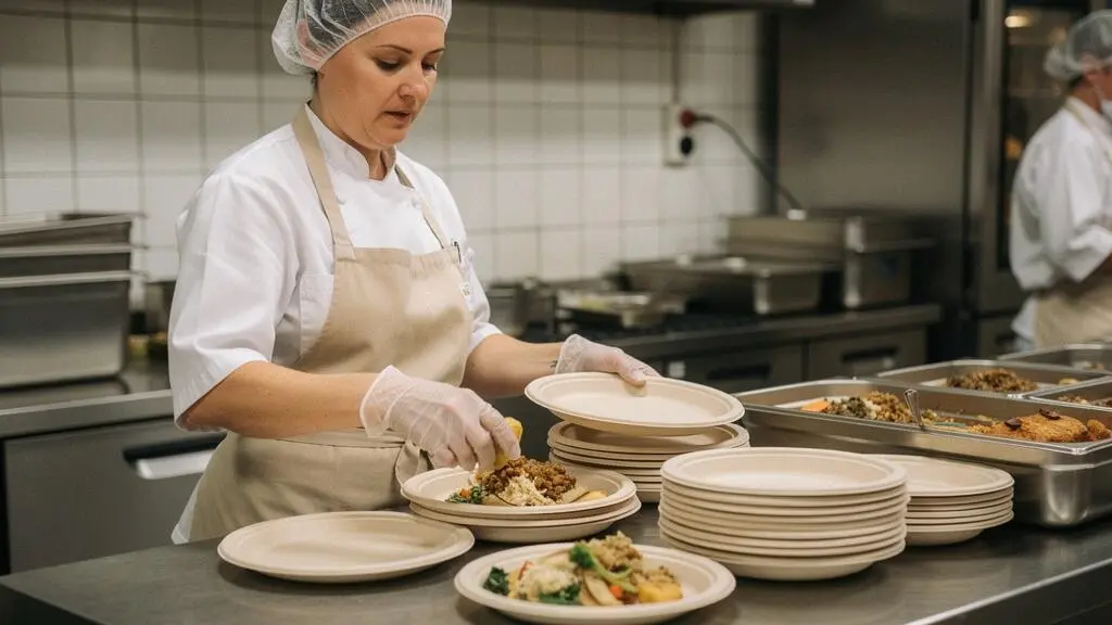 Vaisselle jetable écologique en matériaux biodégradables utilisée dans un contexte de restauration collective